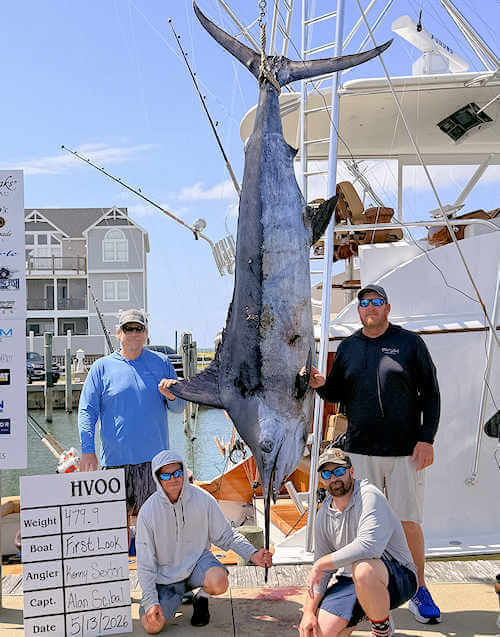 First Look crew with their 480 pound blue marlin weighed today.