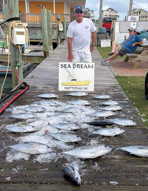 Sea Dream charter angler behind blackfin tuna catch.