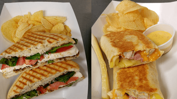 one panini-style sandwich  and one a pressed wrap.
