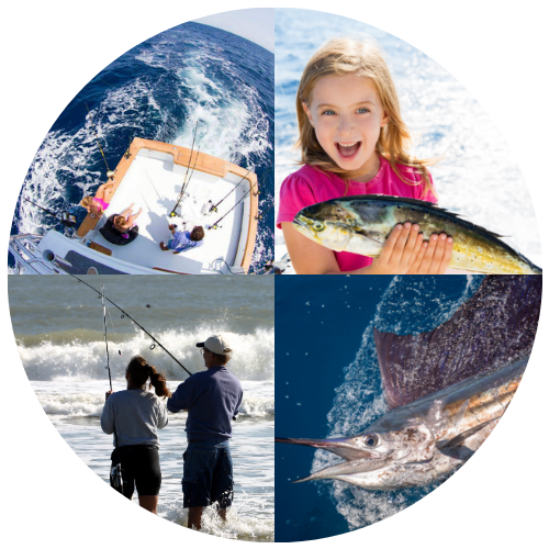 four images in a circle, offshore transom view of people fishing, little girl holding a mahi, couple beach fishing, close-up of a sail fish.
